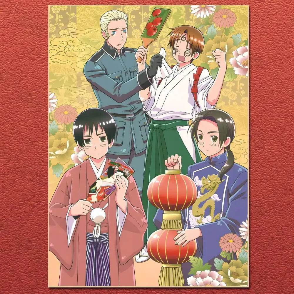 Anime cartoon hetalia axis powers poster canvas painting featuring four characters in traditional japanese and military attire