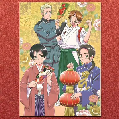 Anime cartoon hetalia axis powers poster canvas painting featuring four characters in traditional japanese and military attire