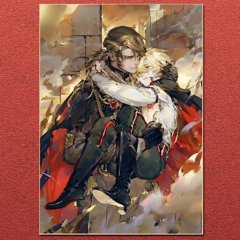 Anime cartoon hetalia canvas painting poster featuring two characters in a warm smoky ruins backdrop for home decor