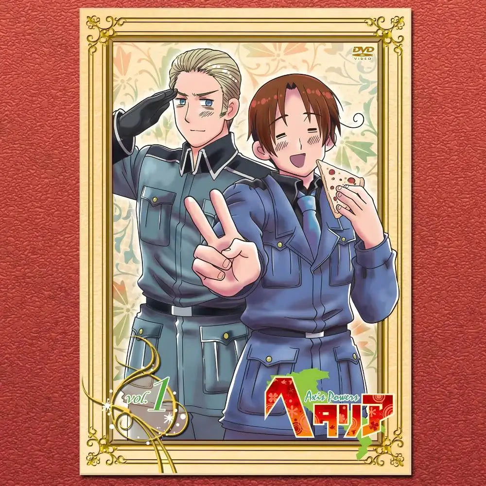 Gold-framed dvd case for anime cartoon hetalia featuring two characters in military uniforms with floral background