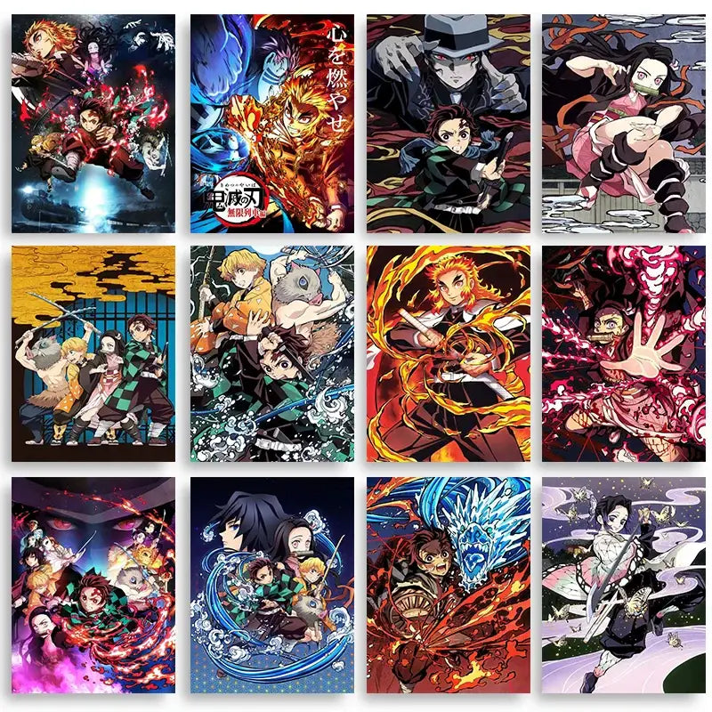 Collection of twelve vibrant anime demon slayer posters with dynamic fiery and water-themed canvas wall art by decorbites