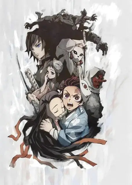 A dynamic anime demon slayer poster by decorbites featuring detailed ink and watercolor characters with bold black outlines