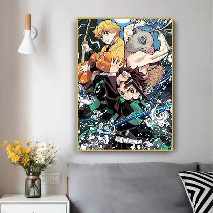 A framed anime demon slayer poster with vibrant colors and detailed artwork in a gold-colored frame by DecorBites