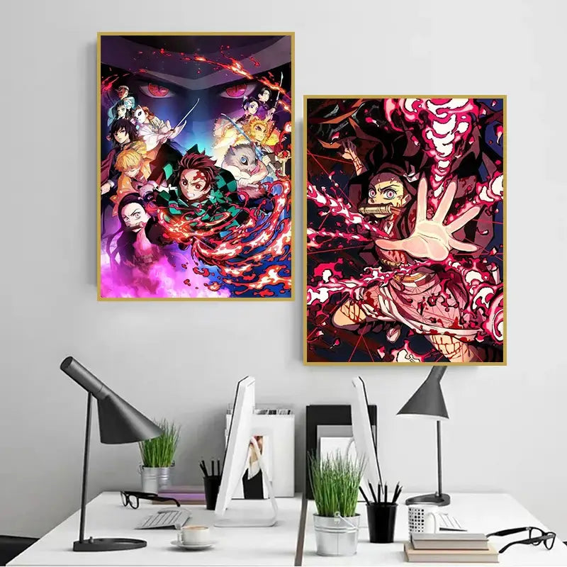 Two framed vibrant anime demon slayer posters featuring detailed artwork on canvas wall art by DecorBites™