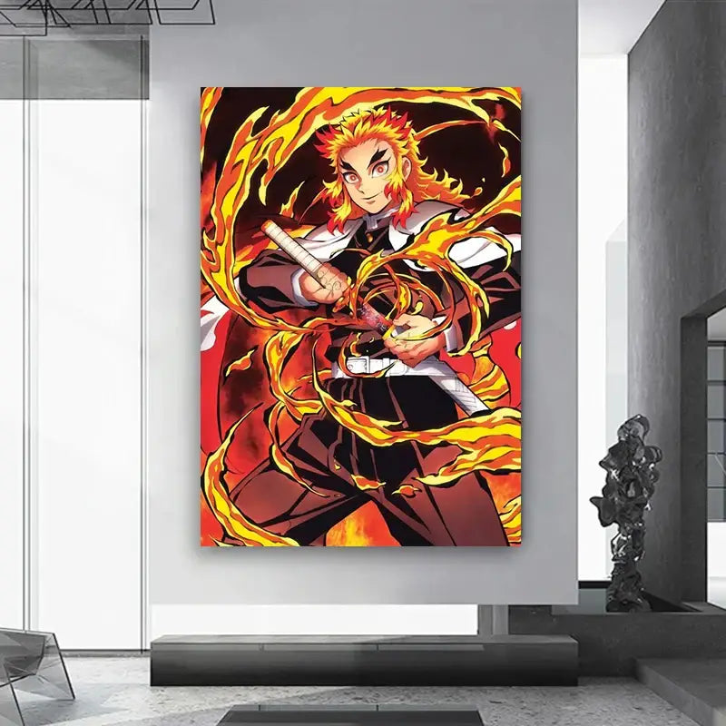 DecorBites™ anime demon slayer canvas wall art with vibrant orange and yellow flame design featuring dynamic anime demon character