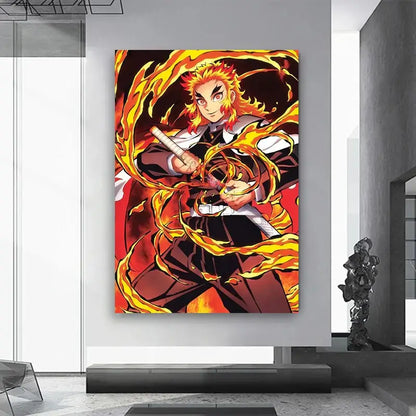 DecorBites™ anime demon slayer canvas wall art with vibrant orange and yellow flame design featuring dynamic anime demon character