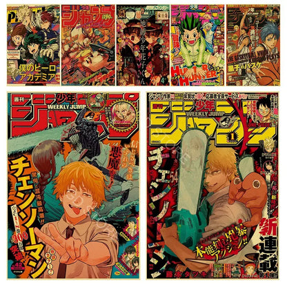 Decorbites™ anime poster collection featuring vibrant shonen jump covers with characters from chainsaw man and hunter x hunter