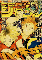 Vibrant orange and black anime poster featuring two volleyball players from decorbites anime poster collection haikyuu