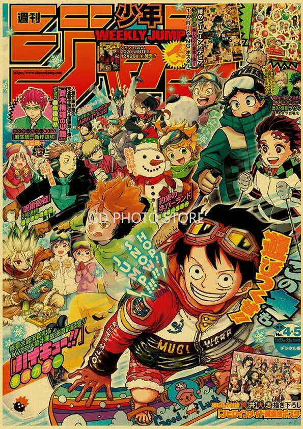 Vibrant red and yellow anime poster collection cover featuring dynamic winter-themed characters from chainsaw man and attack on titan