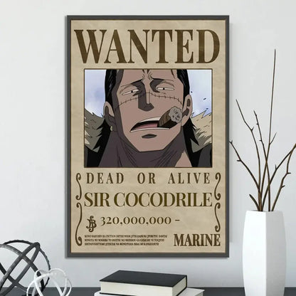 A framed decorbites™ anime one piece poster featuring a sepia sir cocodrile wanted notice on aged parchment wall art