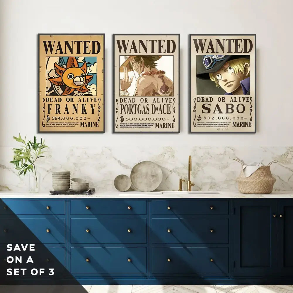 Set of three framed one piece wanted posters featuring franky and portgas d in DecorBites™ anime wall art piece poster set