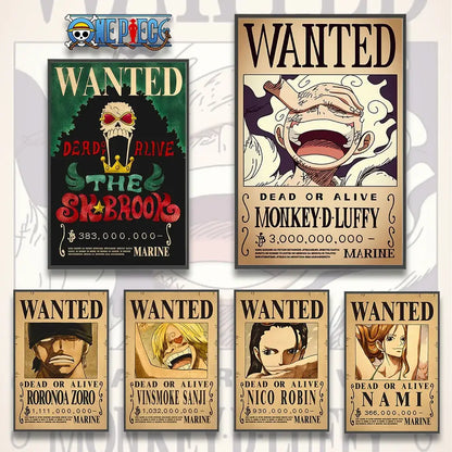 Vintage-style decorbites™ anime one piece poster set featuring detailed luffy zoro and nami wanted piece posters as wall art