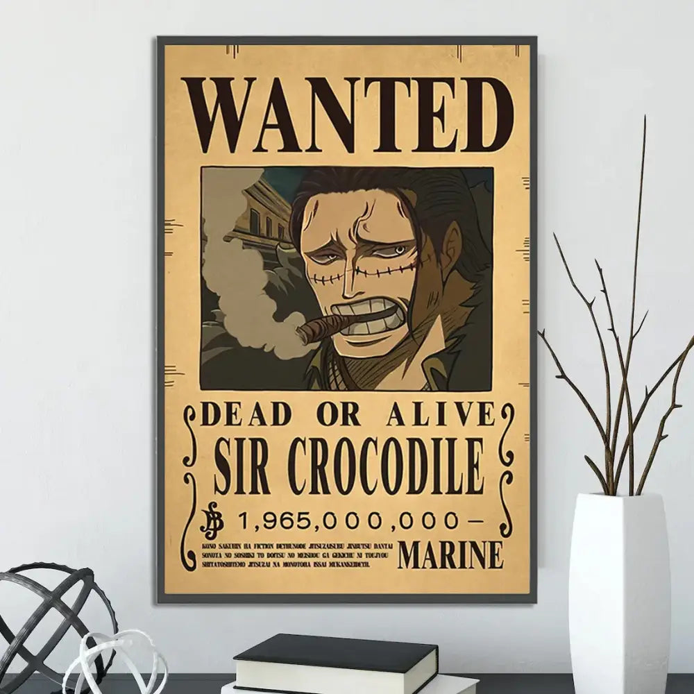 Vintage-style wall art featuring sir crocodile wanted poster printed on beige canvas in decorbites™ anime one piece poster set