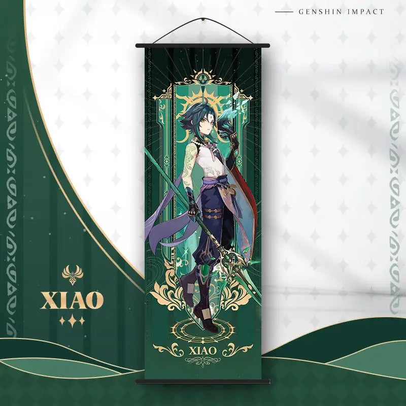 Decorbites™ anime poster wall art featuring green and gold framed genshin impact xiao character decoration