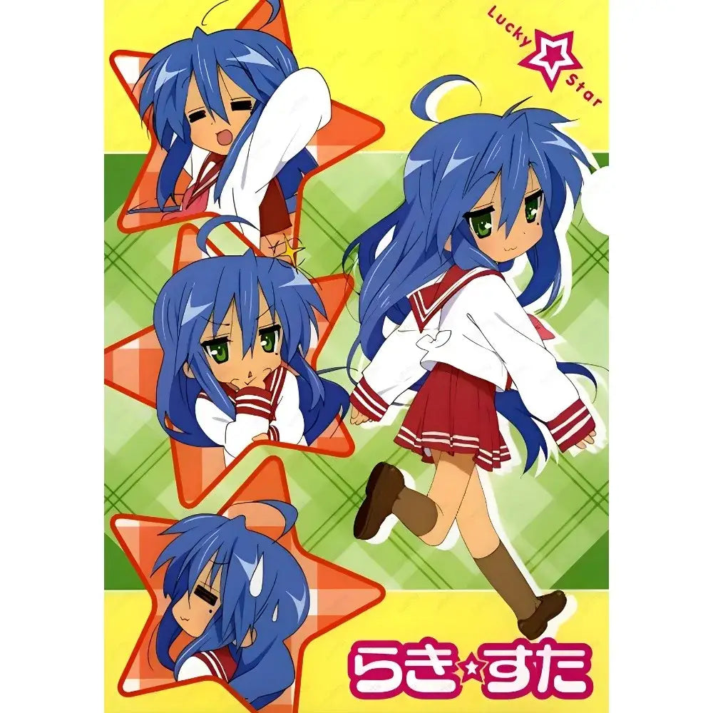 DecorBites™ anime Lucky Star girl poster featuring a cute blue-haired girl in a school uniform across star frames