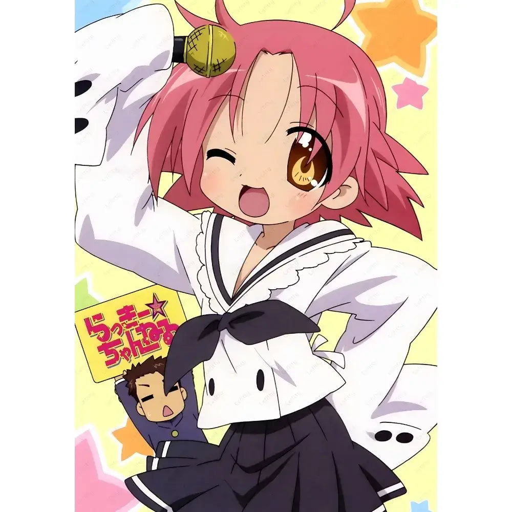 Decorbites™ anime lucky star girl poster featuring a pink-haired cute girl poster in white sailor uniform holding a microphone