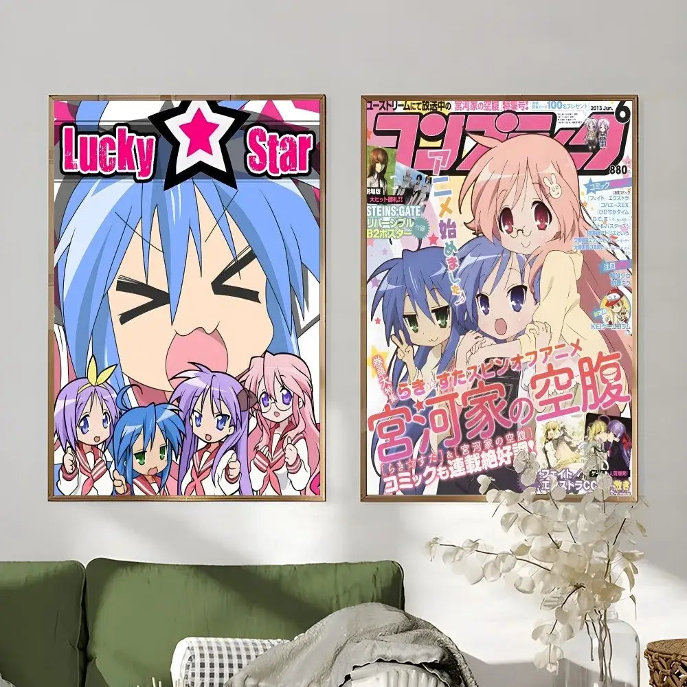 Two framed anime lucky star girl posters featuring a blue-haired character and colorful japanese manga cover art for home decor