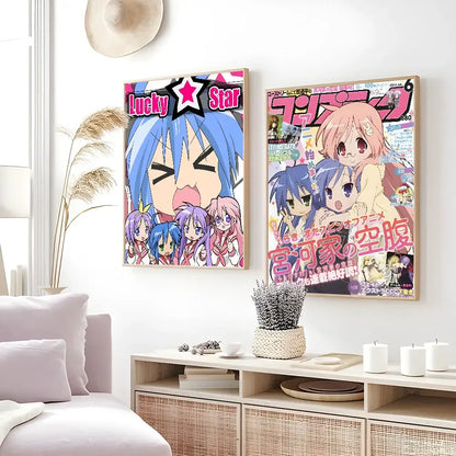 Two framed anime lucky star girl posters with blue hair and japanese text art for cute girl poster decorbites home decor