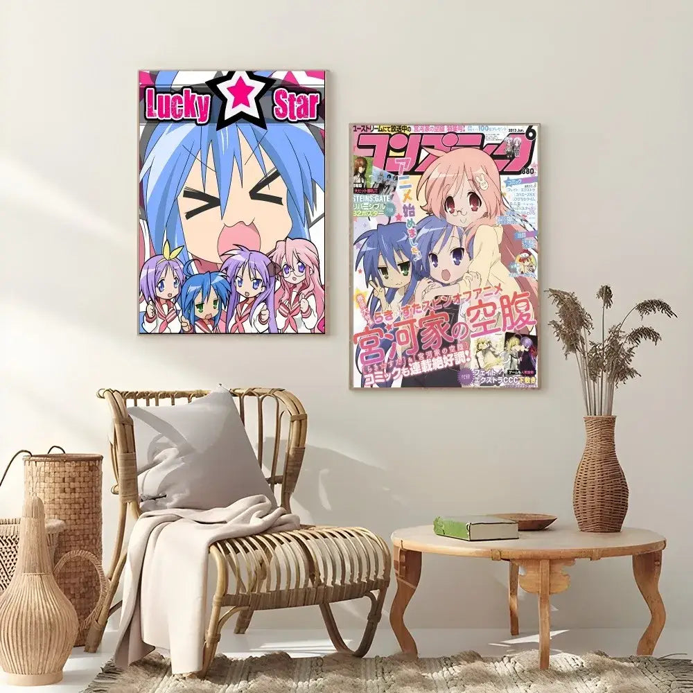 Two framed anime lucky star girl posters featuring a blue-haired cute girl poster and vibrant characters for home decor