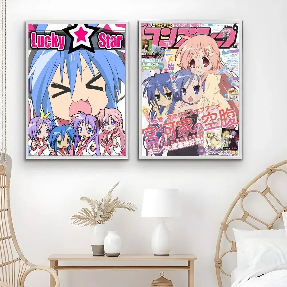 Two framed anime posters feature a blue-haired girl poster from lucky star and a fruits basket design for home decor