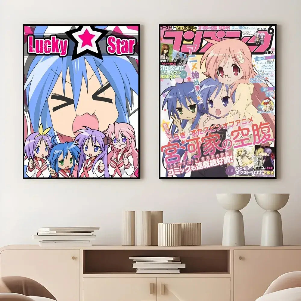 Two framed anime posters featuring a cute girl poster of anime lucky star with blue hair and colorful comic bessatsu cover