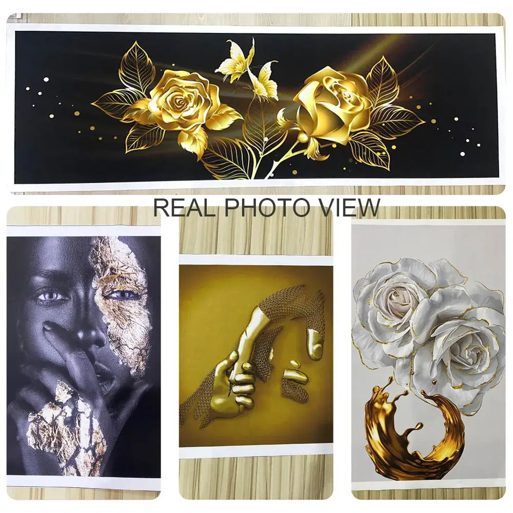 Golden roses with metallic finish and delicate butterflies on deep black background in decorbites™ anime poster collection