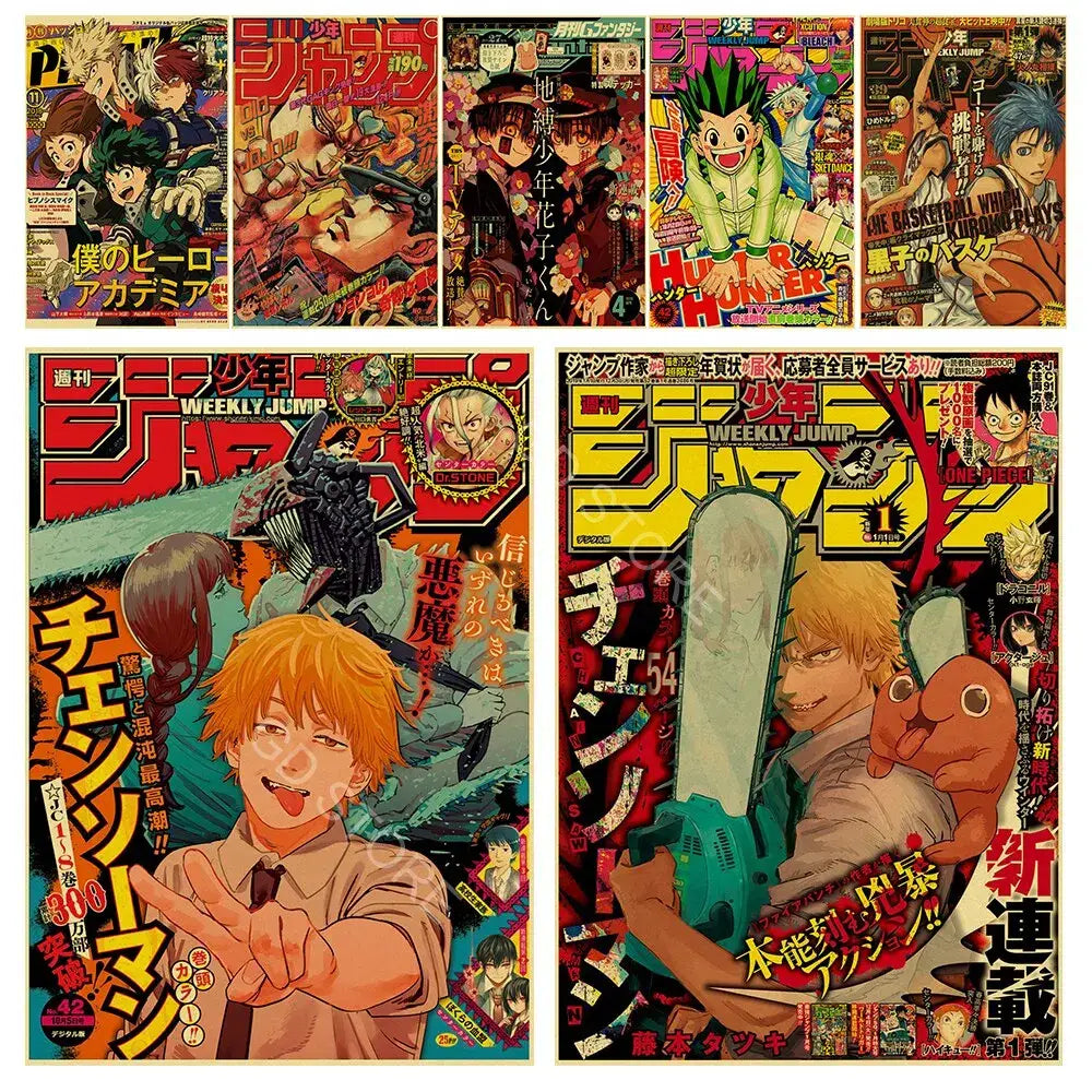 A vibrant anime poster collection featuring bold shonen jump covers with iconic characters from chainsaw man and my hero academia