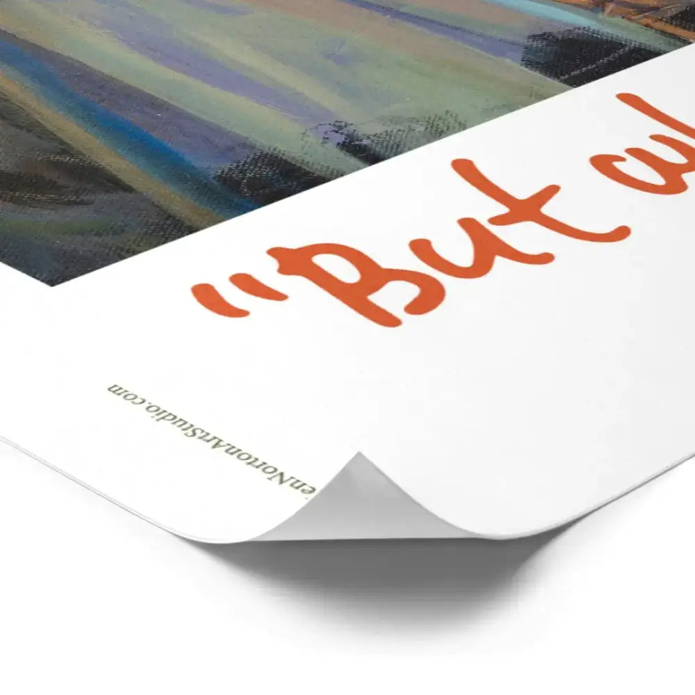 White poster from decorbites™ anime poster collection featuring bold orange but text above colorful abstract landscape painting