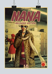Vintage-style nana anime kraft paper poster featuring woman in leopard-print coat and white hat with red lettering