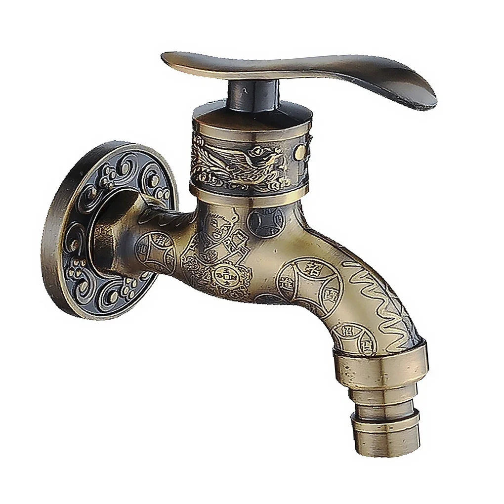 Antique bronze outdoor washing machine crane faucet with intricate dragon and coin engravings in brass finish