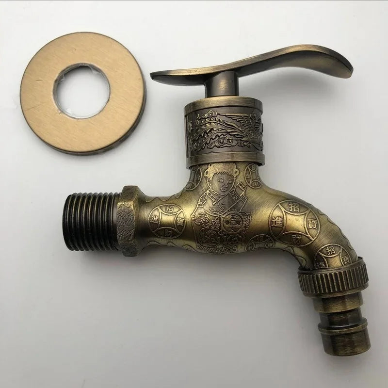 Antique bronze outdoor washing machine faucet with intricate child engraving and Chinese characters with washer