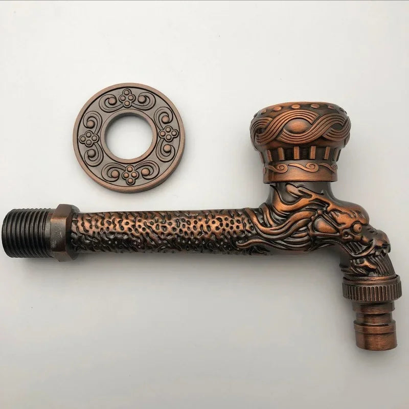 Antique bronze washing machine crane faucet with intricate dragon design and ornate circular brass flange for outdoor use