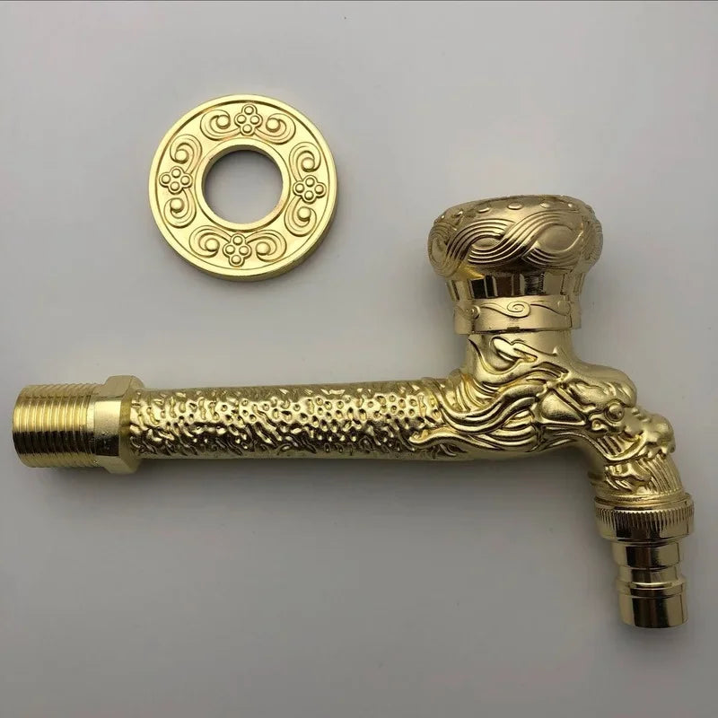 Golden brass antique bronze outdoor washing machine crane faucet with intricate dragon design and ornate circular flange