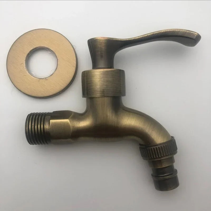 Antique bronze outdoor washing machine crane faucet with curved spout and textured brass handle for garden use