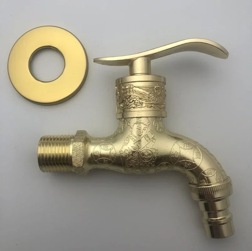 Golden brass antique bronze washing machine crane faucet with intricate engraved figure and coins for outdoor garden use