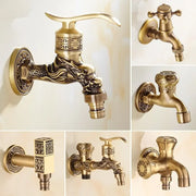 Antique bronze washing machine crane faucet with brass finish, ornate dragon head and decorative engraved patterns