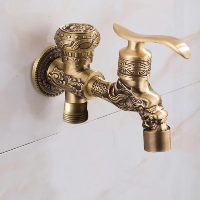 Antique bronze washing machine crane faucet with intricate dragon head and floral brass design for outdoor use