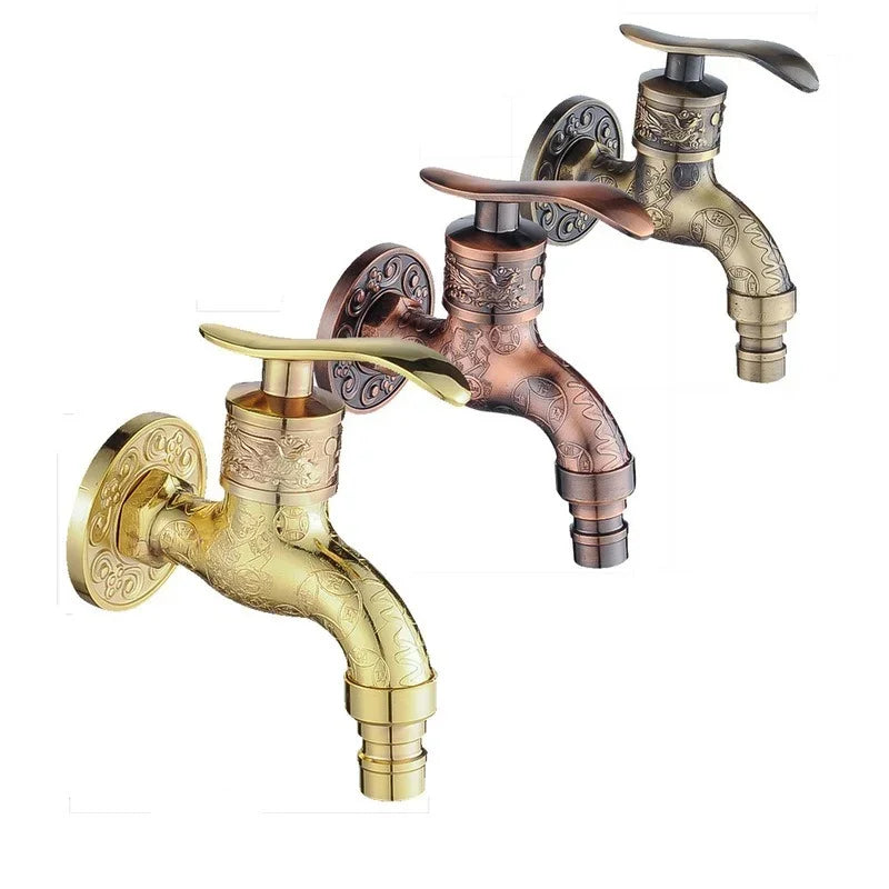Antique bronze washing machine crane decorative outdoor faucets in gold copper and bronze with engraved floral patterns