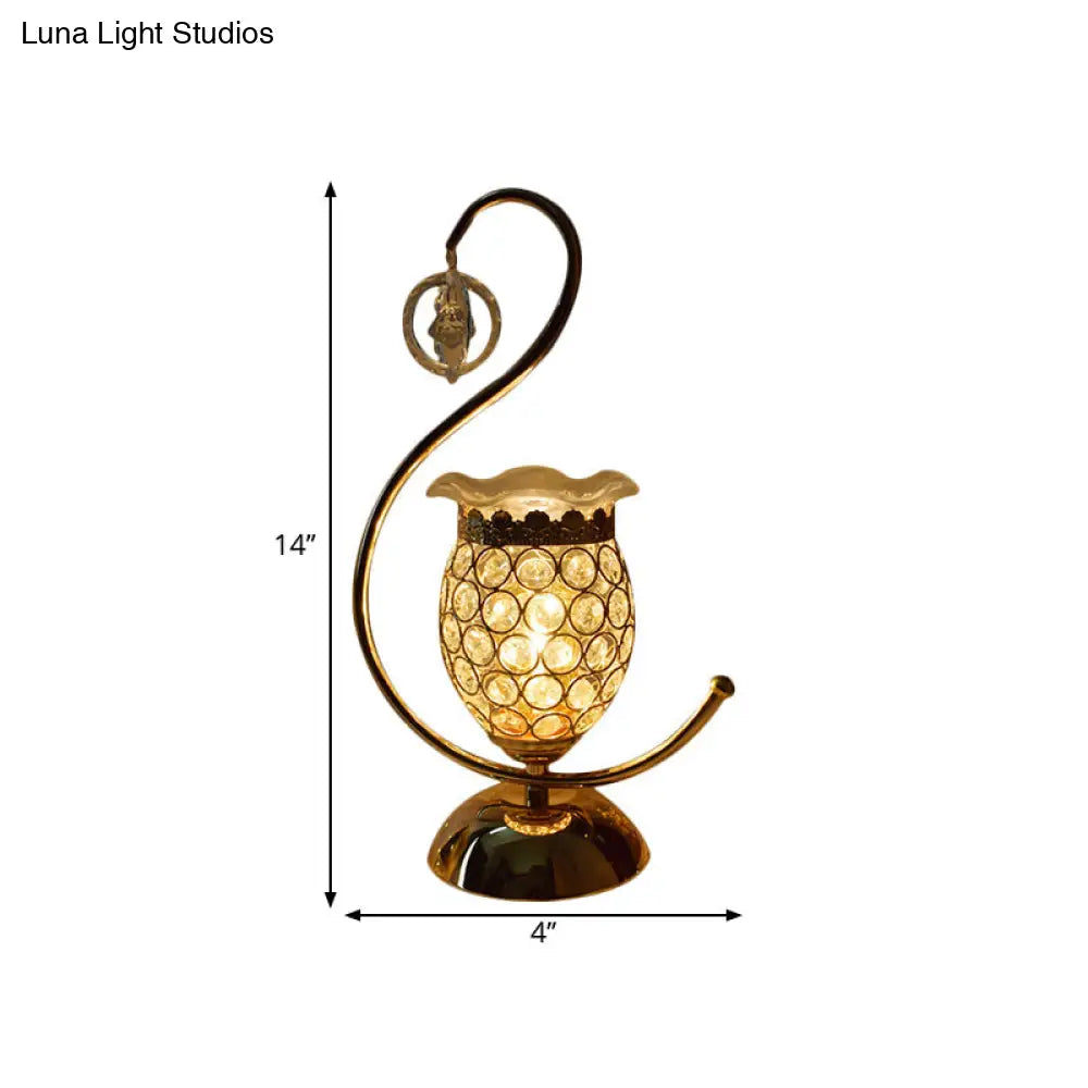 Anna - Lámpara de mesa moderna con forma de cubo/flor, estilo modernista, con incrustaciones de cristal, una cabeza, color dorado, con brazo curvo.