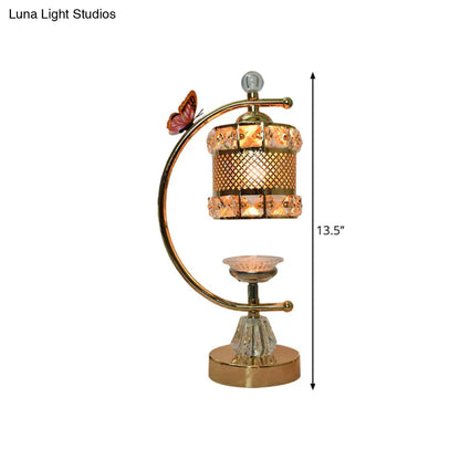 Anna - Lámpara de mesa moderna con forma de cubo/flor, estilo modernista, con incrustaciones de cristal, una cabeza, color dorado, con brazo curvo.