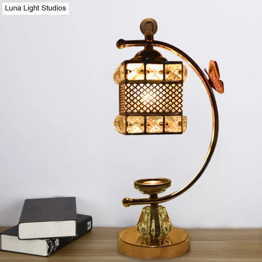 Anna - Lámpara de mesa moderna con forma de cubo/flor, estilo modernista, con incrustaciones de cristal, una cabeza, color dorado, con brazo curvo.