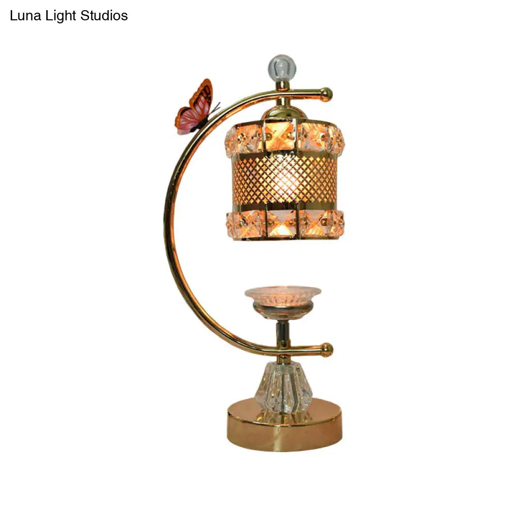 Anna - Lámpara de mesa moderna con forma de cubo/flor, estilo modernista, con incrustaciones de cristal, una cabeza, color dorado, con brazo curvo.