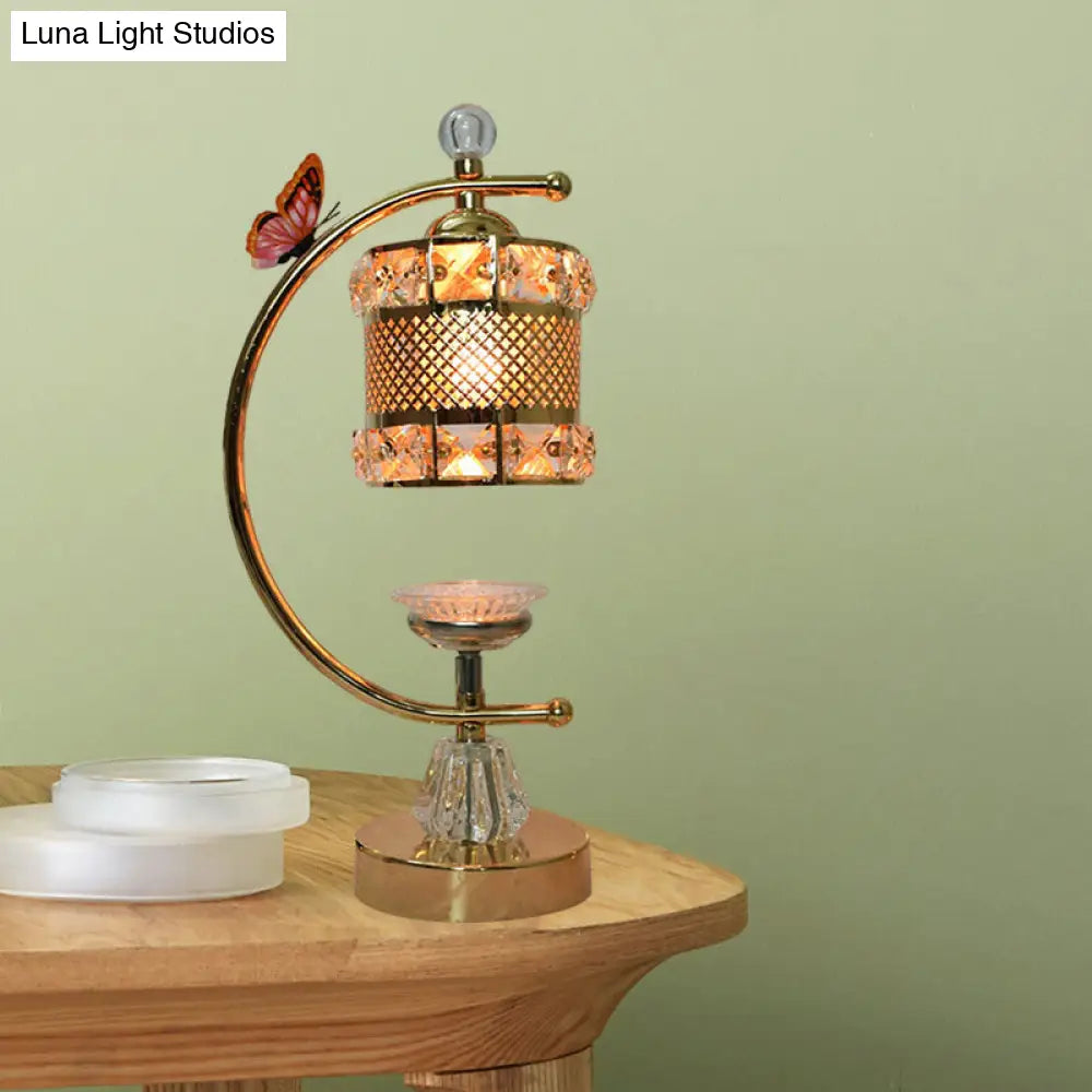 Anna - Lámpara de mesa moderna con forma de cubo/flor, estilo modernista, con incrustaciones de cristal, una cabeza, color dorado, con brazo curvo.