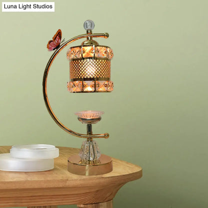 Anna - Lámpara de mesa moderna con forma de cubo/flor, estilo modernista, con incrustaciones de cristal, una cabeza, color dorado, con brazo curvo.