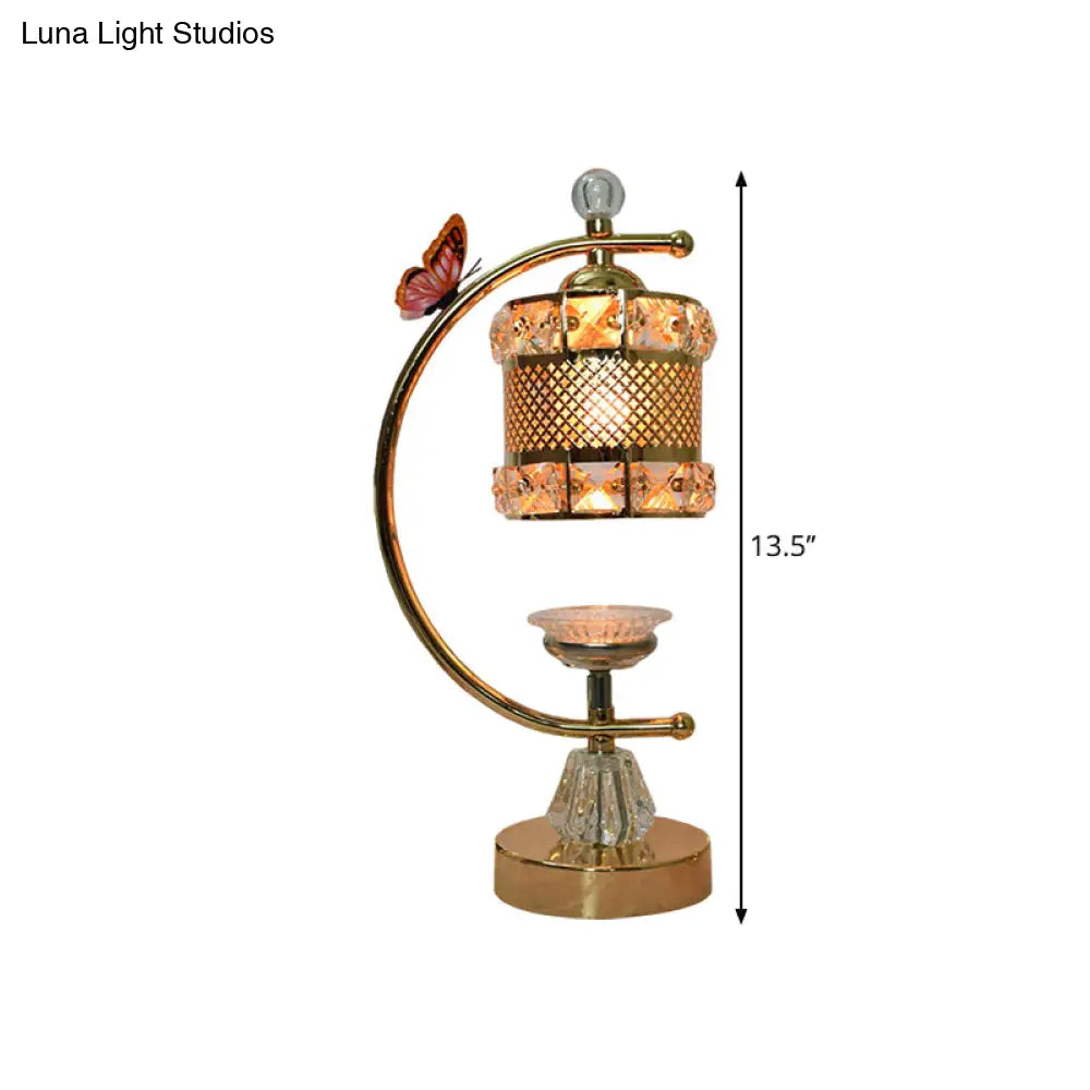 Anna - Lámpara de mesa moderna con forma de cubo/flor, estilo modernista, con incrustaciones de cristal, una cabeza, color dorado, con brazo curvo.