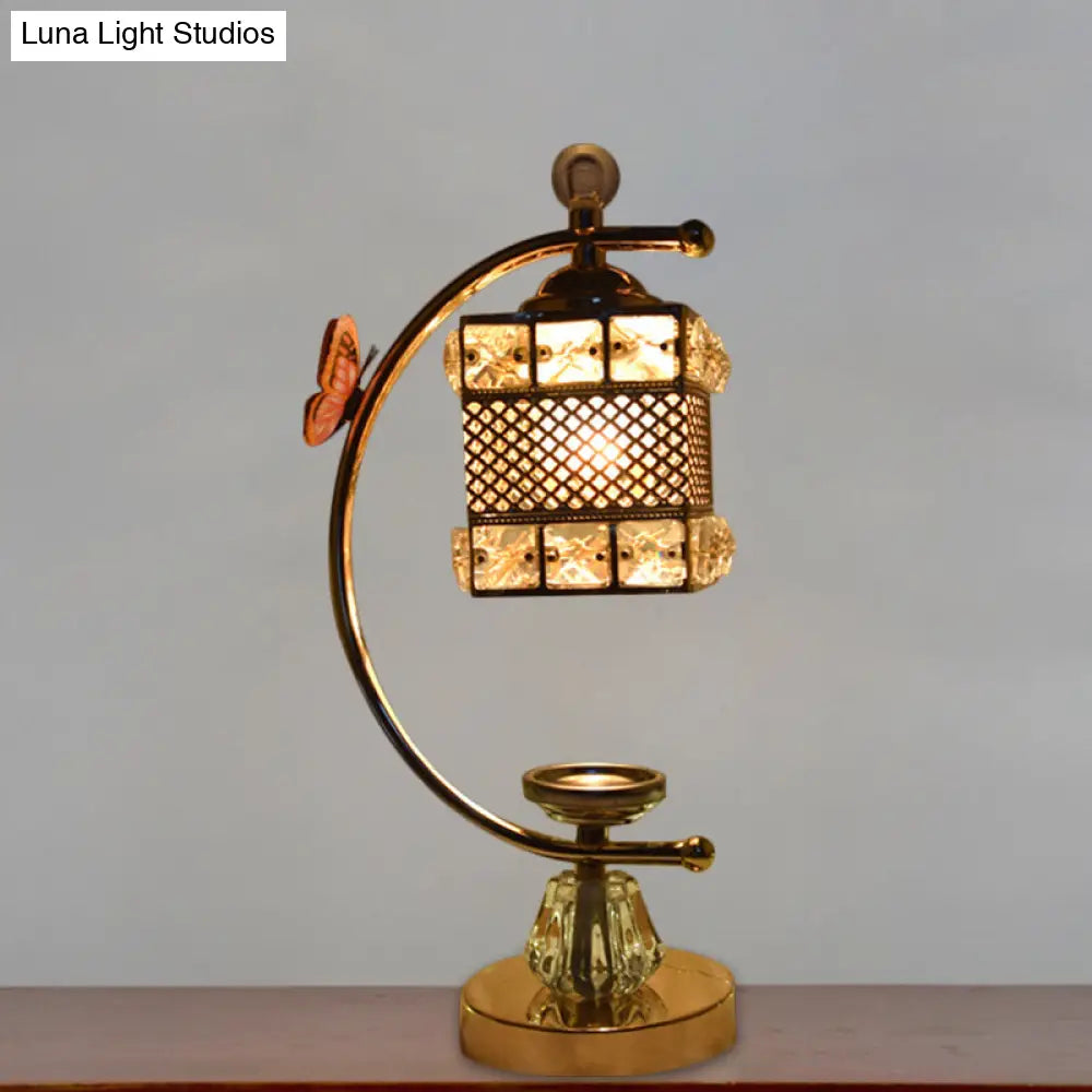 Anna - Lámpara de mesa moderna con forma de cubo/flor, estilo modernista, con incrustaciones de cristal, una cabeza, color dorado, con brazo curvo.