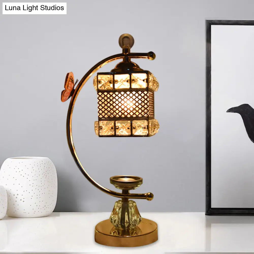 Anna - Lámpara de mesa moderna con forma de cubo/flor, estilo modernista, con incrustaciones de cristal, una cabeza, color dorado, con brazo curvo.