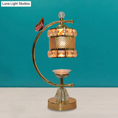 Anna - Lámpara de mesa moderna con forma de cubo/flor, estilo modernista, con incrustaciones de cristal, una cabeza, color dorado, con brazo curvo.