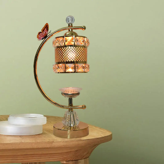 Anna - Lámpara de mesa moderna con forma de cubo/flor, estilo modernista, con incrustaciones de cristal, una cabeza, color dorado, con brazo curvo.