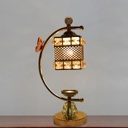 Anna - Lámpara de mesa moderna con forma de cubo/flor, estilo modernista, con incrustaciones de cristal, una cabeza, color dorado, con brazo curvo.